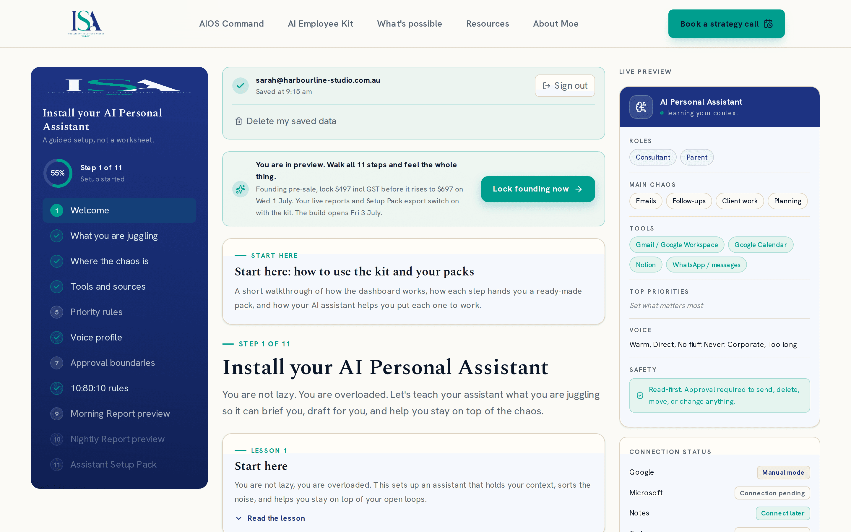 Setup dashboard step 1: the welcome step with the lesson beside it and the live assistant preview building on the right