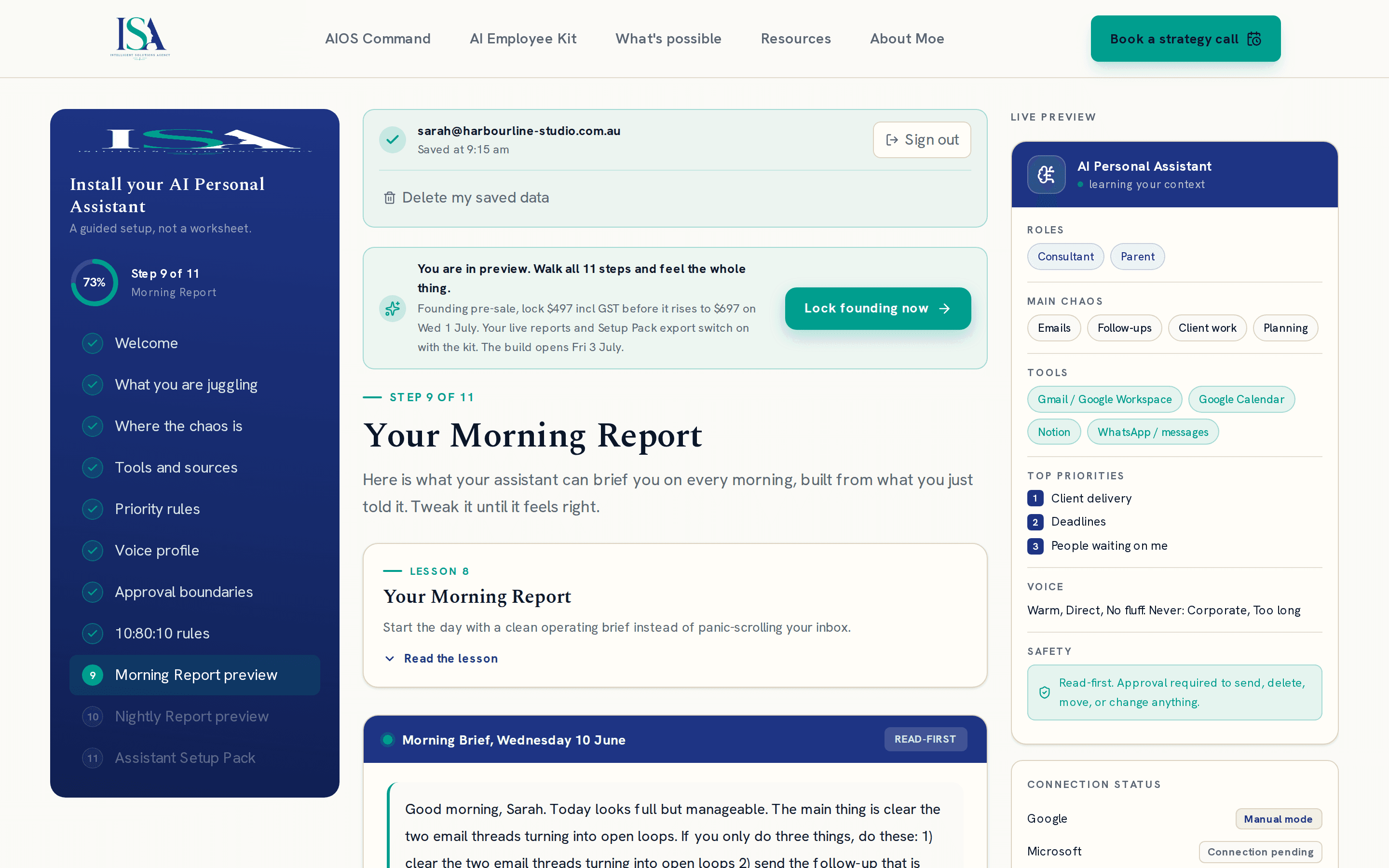 Setup dashboard step 9: the Morning Report taking shape from the answers given so far